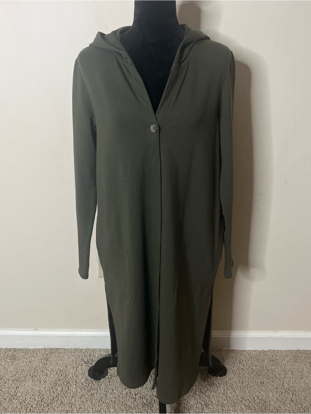 Pure Jill Olive Green Hooded One Button-Duster Sweatshirt Cardigan Sz S